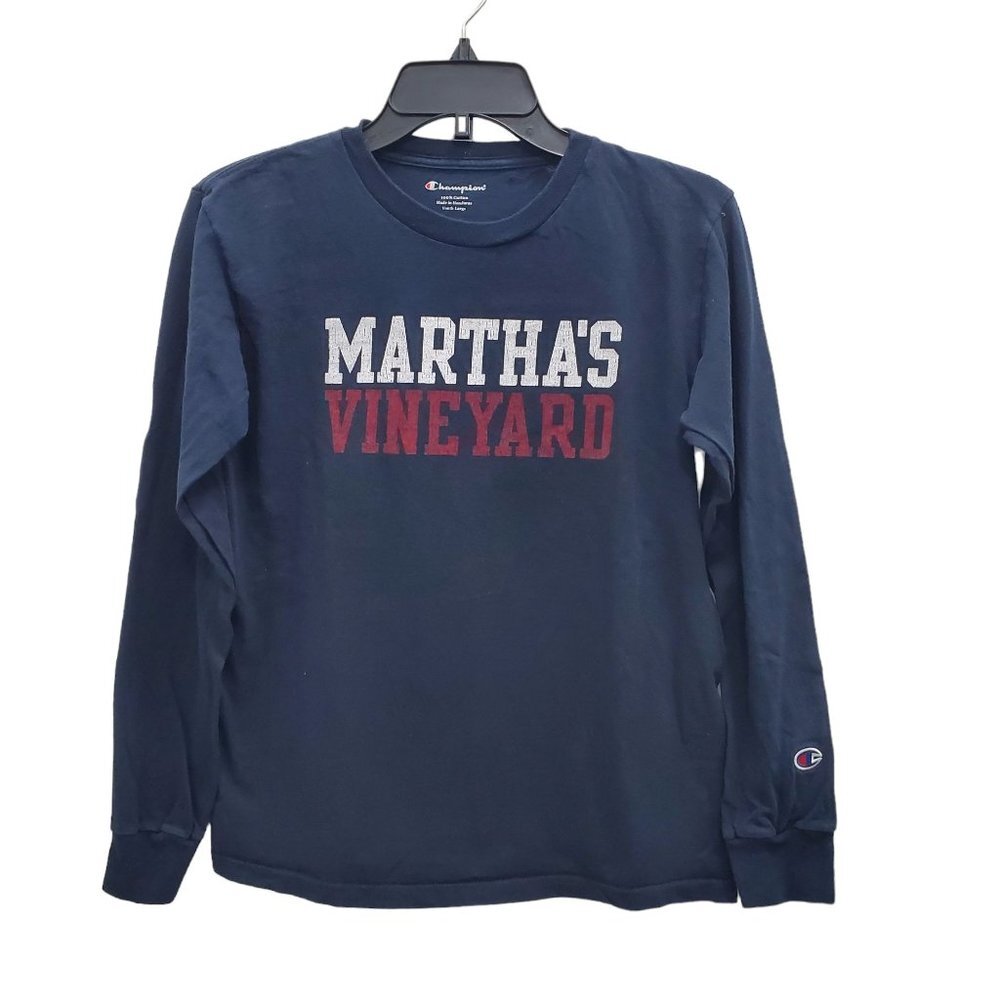 Champion Kid's Navy Martha's Vineyards Embroidered‎ Logo LS Graphic Tee Size YL